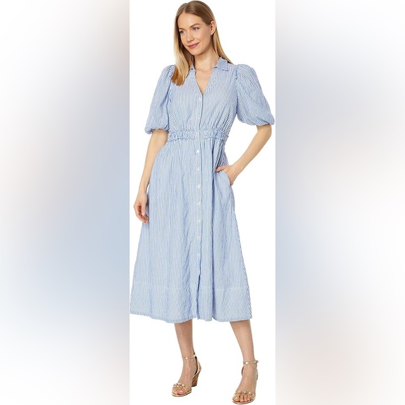 Lilly Pulitzer Tassie Elbow Puff Sleeve Midi Stripe Shirt Dress Coastal Blue - Picture 11 of 11